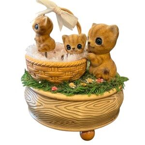 Vintage Josef Originals Japan Flocked Cat Kittens Music Box 80s Collector Spring